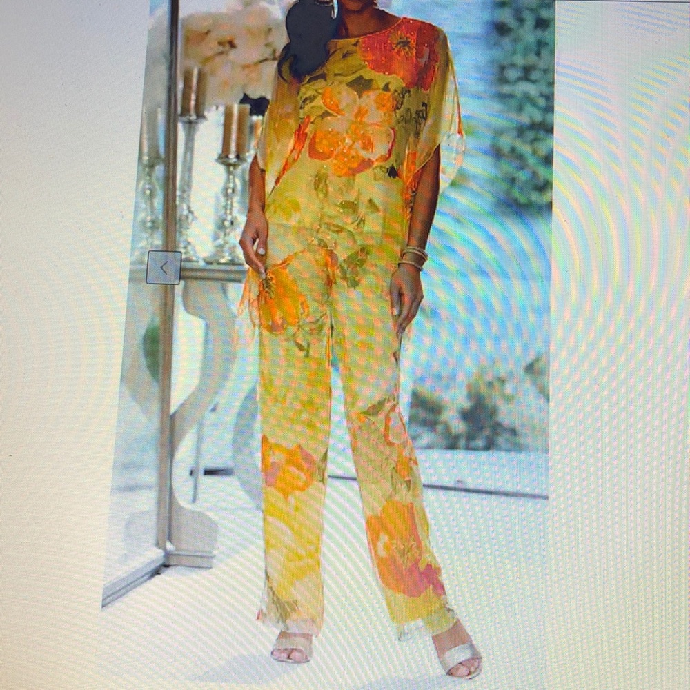 Chic & Classy Sheer Pant Suit. Yellow multicolor. - Picture 2 of 4